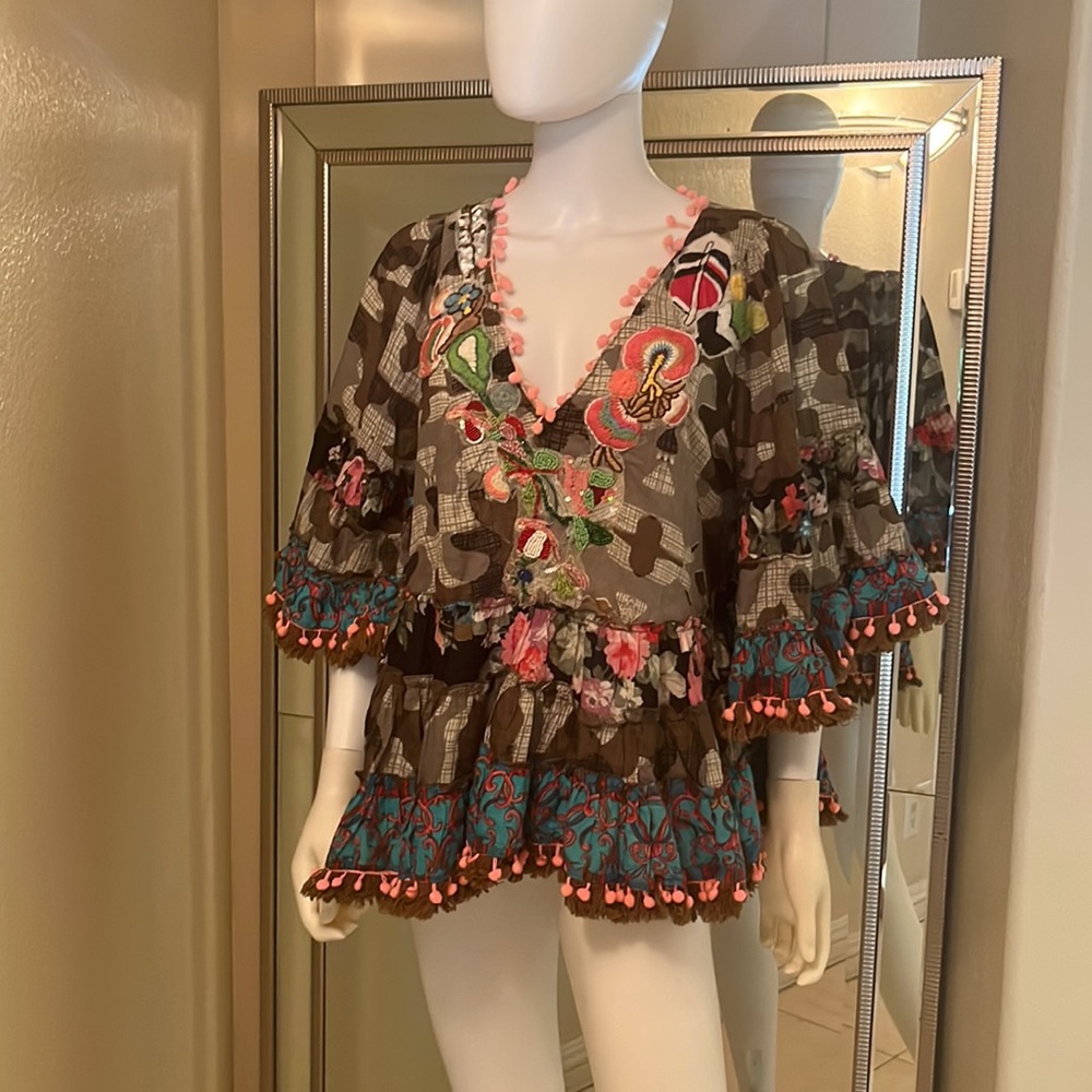 Antica Sartoria Camo Embellished Pom Pom Tunic Top - Picture 6 of 7